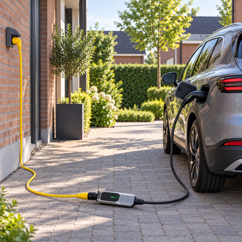 Elektrische auto laadt op de oprit via een mobiele lader