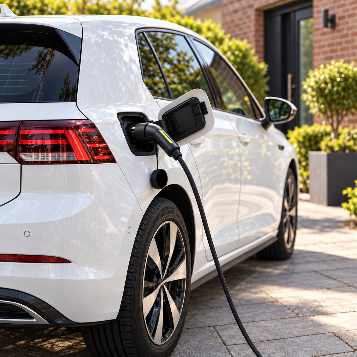 Elektrische auto laadt op de oprit met de VDLPOWER mobiele lader