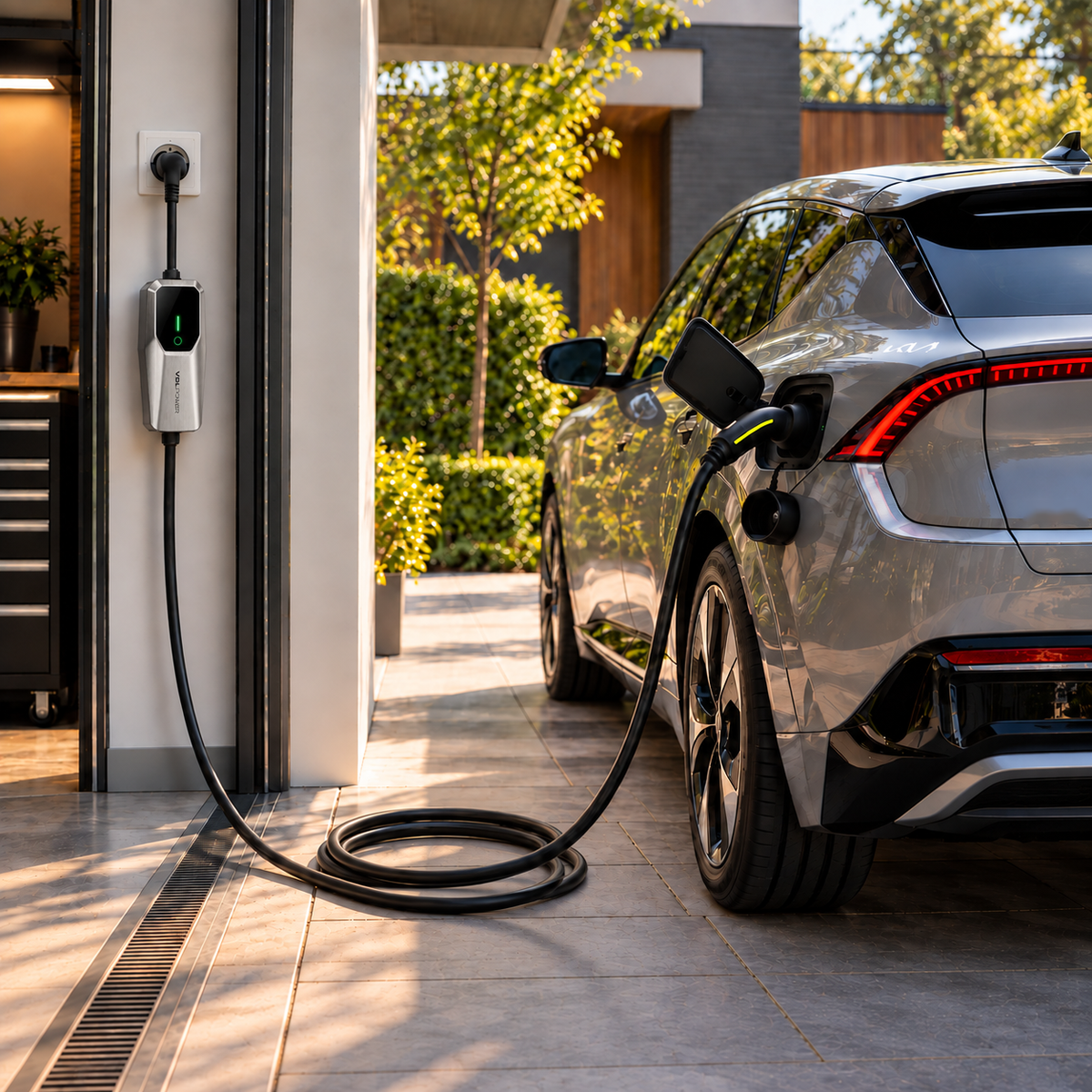VDLPOWER mobiele thuislader aan een elektrische SUV in de garage
