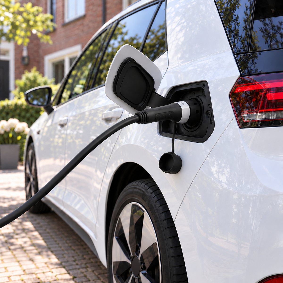 Feyree verlengkabel Type 2 aan een witte elektrische auto