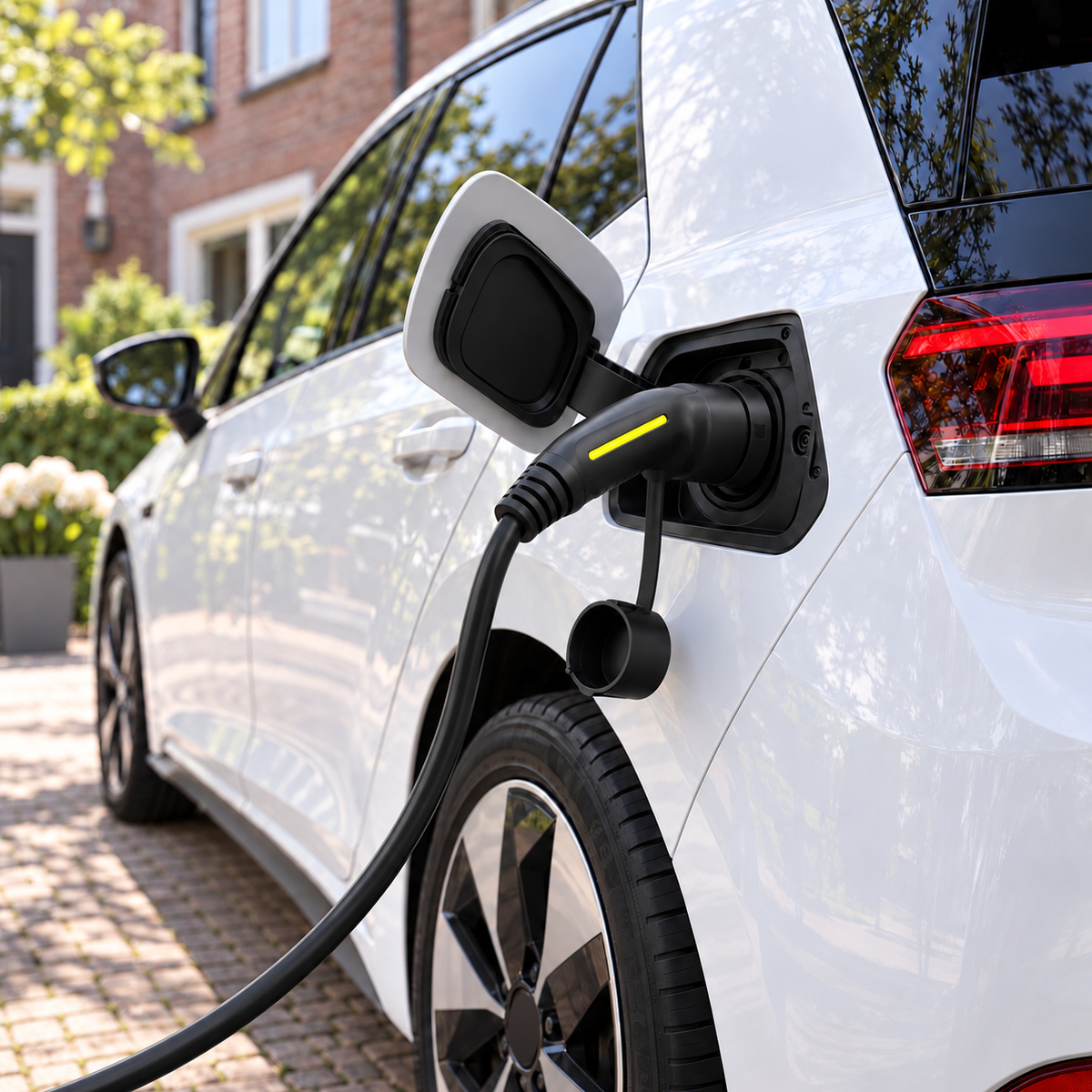 Mobiele CEE-lader krachtstroom aan een witte elektrische auto