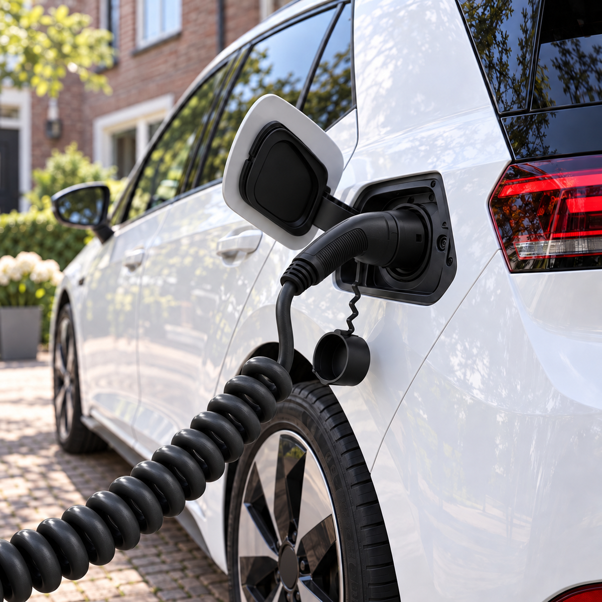 Zwarte spiraal laadkabel Type 2 aan een witte elektrische auto