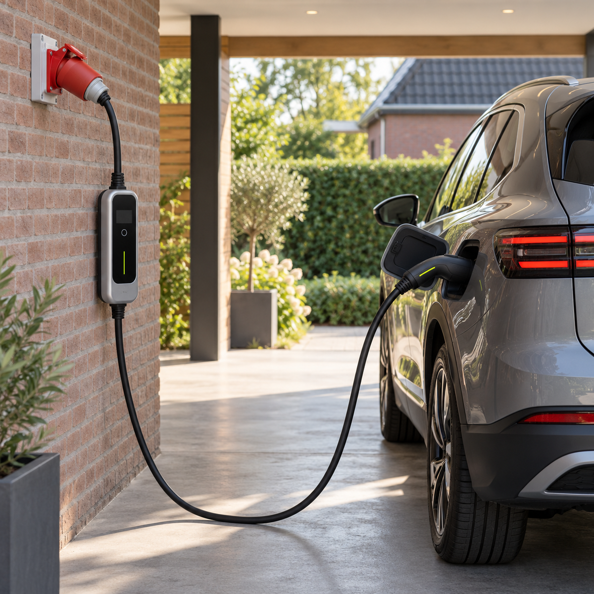 Mobiele CEE-lader op krachtstroom laadt een elektrische SUV in de carport