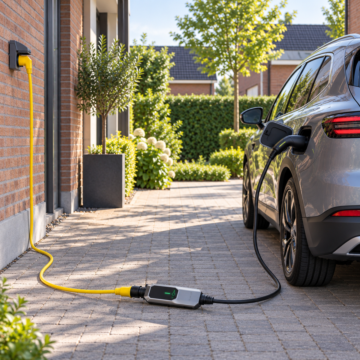 Gele Schuko-verlengkabel van buitenstopcontact naar mobiele lader, elektrische auto laadt op de oprit