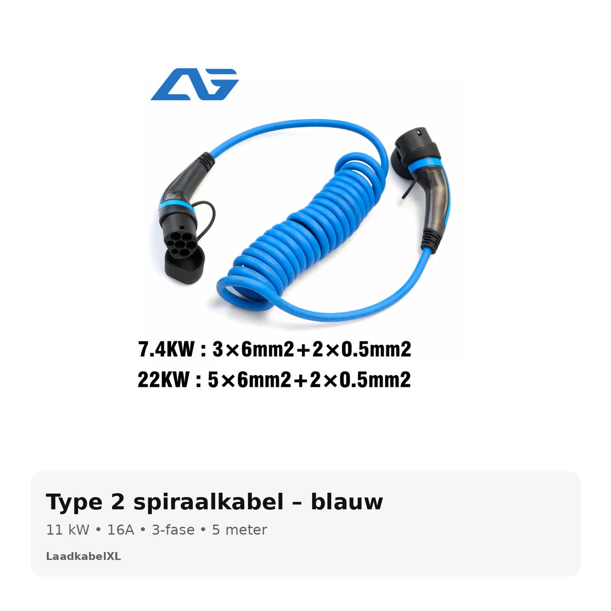 Blauwe Type 2 spiraal laadkabel 11 kW 16A 3-fase 5 meter