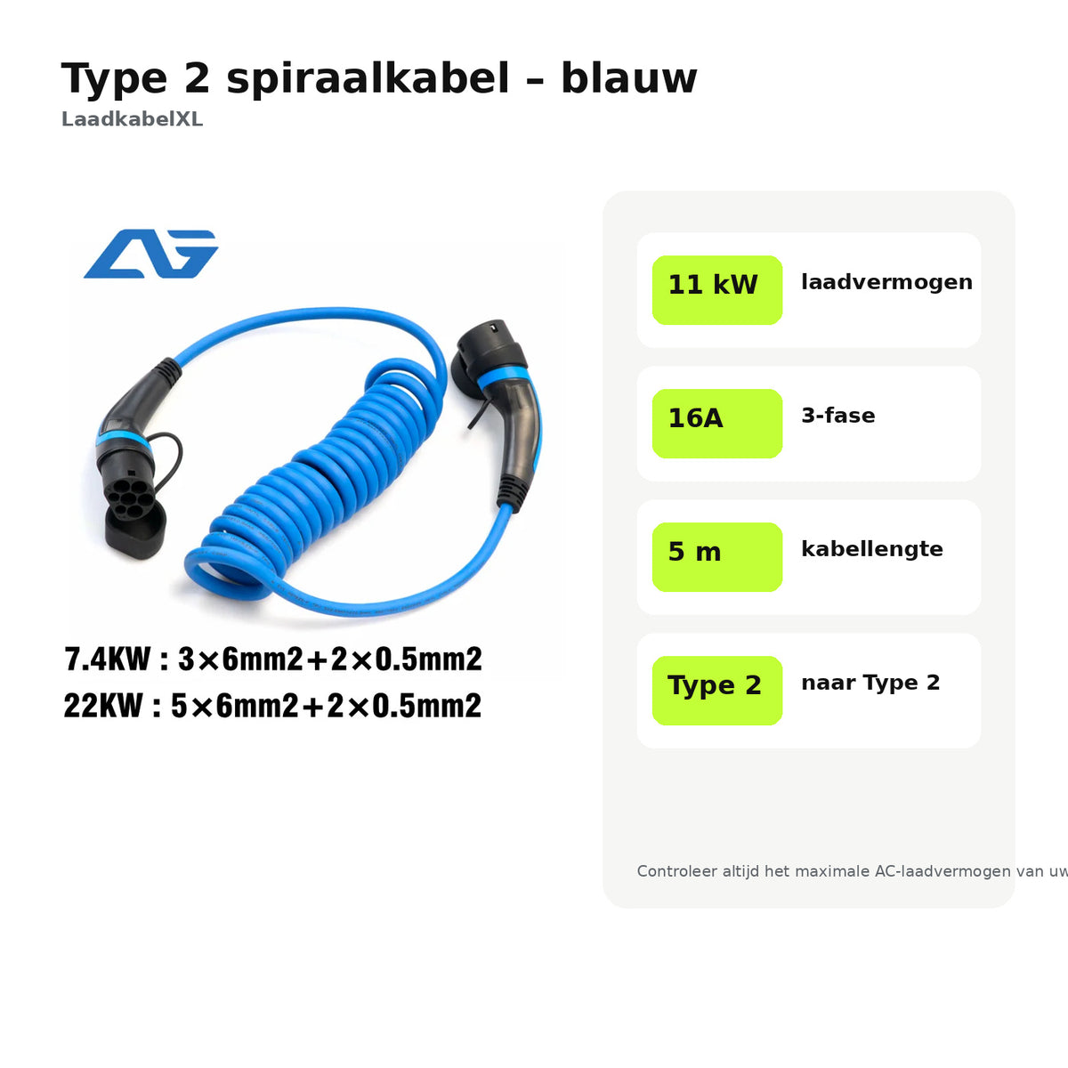 Specificaties blauwe Type 2 spiraal laadkabel 11 kW