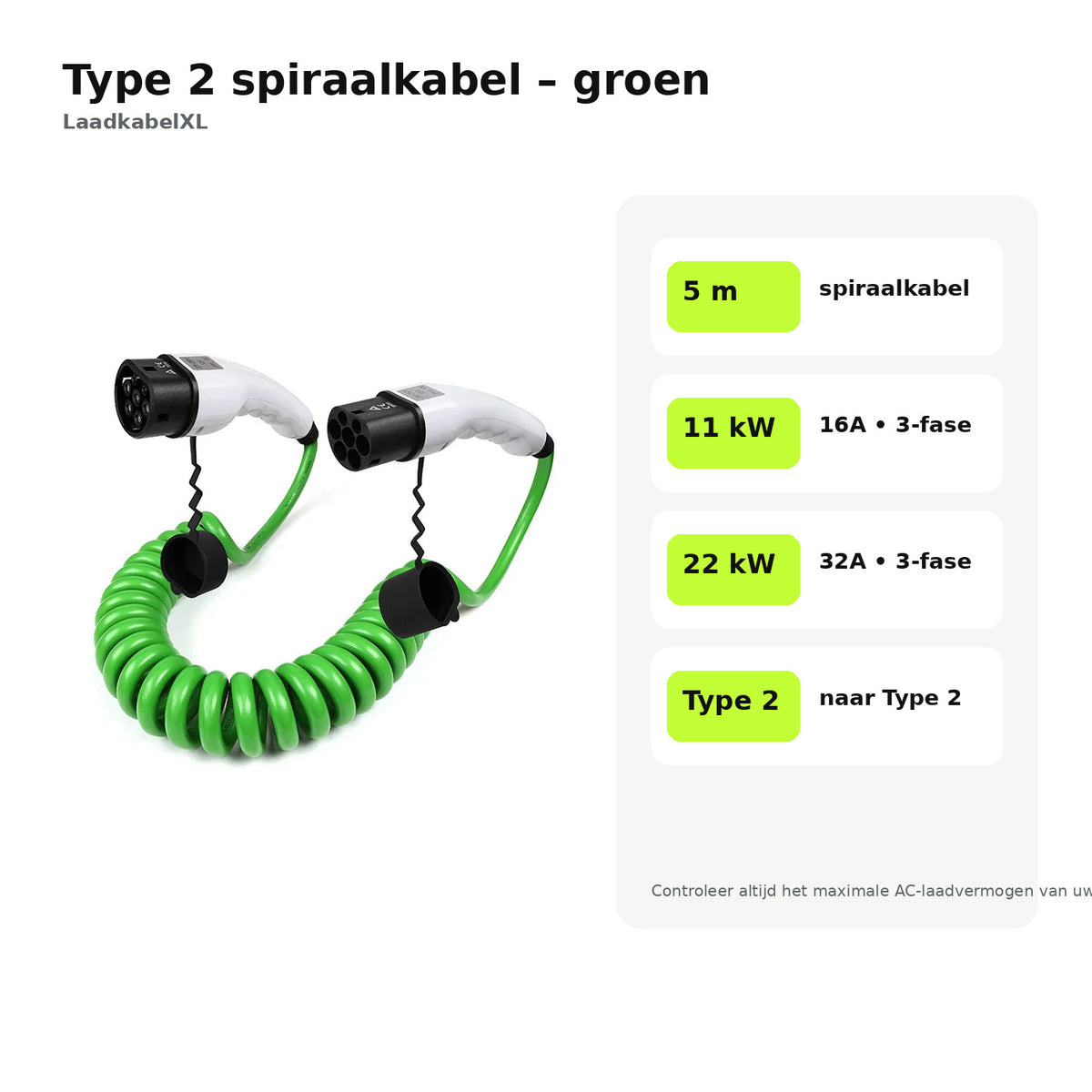 Specificaties groene Type 2 spiraal laadkabel 11 kW 22 kW